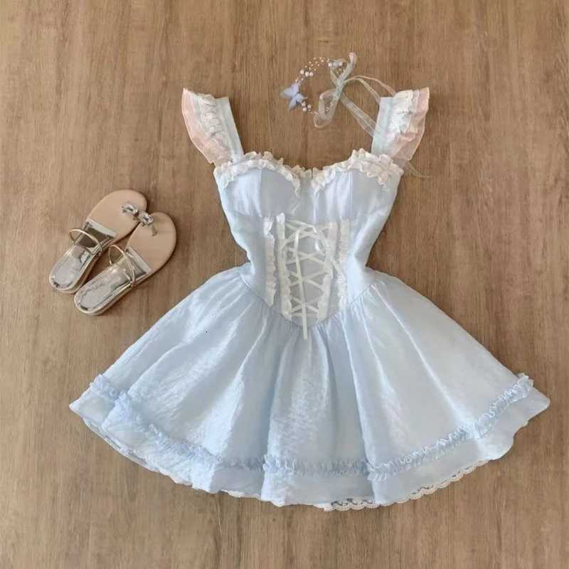 Summer Sweet Fairy Slim Blue Dress Fashion Design Lace Sling Thin Dresses Girl Elegant Chic Square Neck A-line New Outfits 2025 R250716