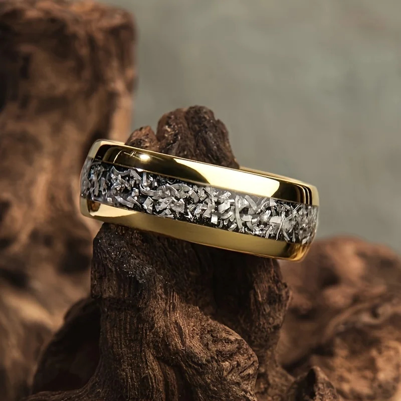 Fashion 8mm Men Stainless Steel Rings Inlay Meteorite Abalone Shell For Women Wedding Engagement Band Jewelry Gift 250715