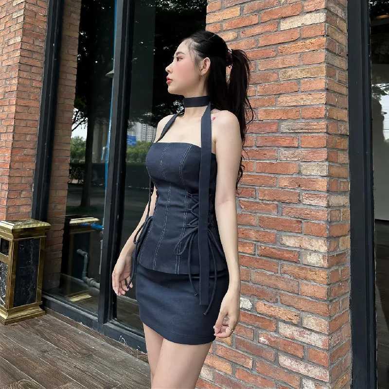 Candyhot Sexy Casual Side Cross Bandage Solid Tube Tank Top With Skinny Slim Skirt Summer Women Formal Occasions Two Piece Set R250716