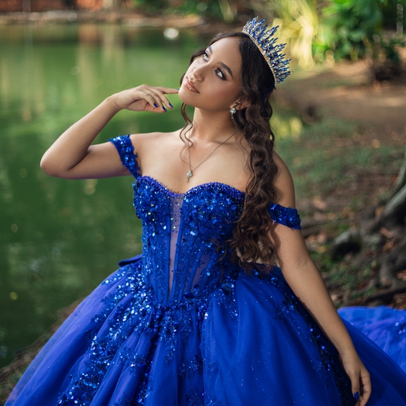 Royal Blue Shiny Quinceanera Dresses Ball Gown Off The Shoulder Sequin Applique Lace Beads Bow Tull Corset Party Birthday Sweet 16 Dress Vestidos 15 A