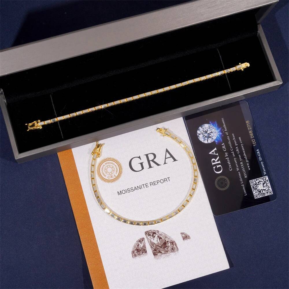 925 Silver Plated Gold Bracelet D Color EM 2*4mm Moissanite with GRA Certificate For Women Wedding Jewelry