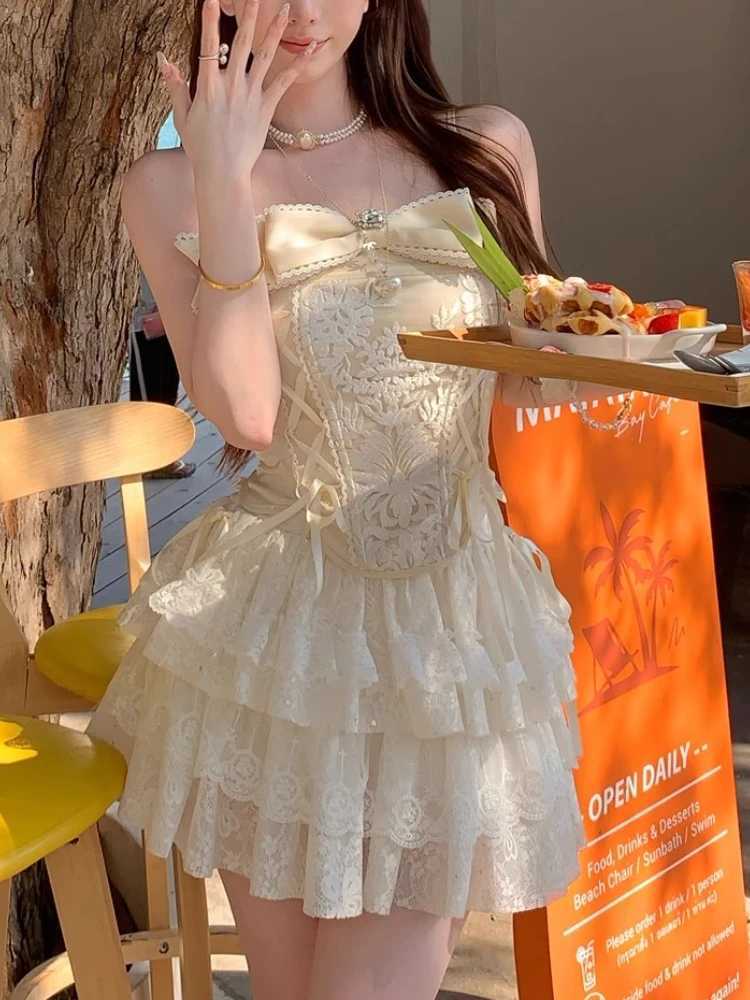 Summer Princess Elegant Mini Skirt Suit Women French Fashion Casual Y2k Lolita 2-Piece Set Female Lace Solid Bow Kawaii Set 2024 R250716