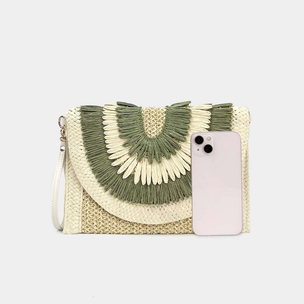 Women's Envelope 2025 Summer New Color-Block Straw Woven Crossbody Phone Flip Cover Tassel Small Square Bag