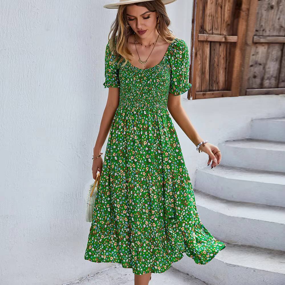 Bohemia Print 2025 New Summer Holiday Midi Dress Casual Puff Sleeve High Waist Boho Split Dresses For Women Clothes dongdumaoyi