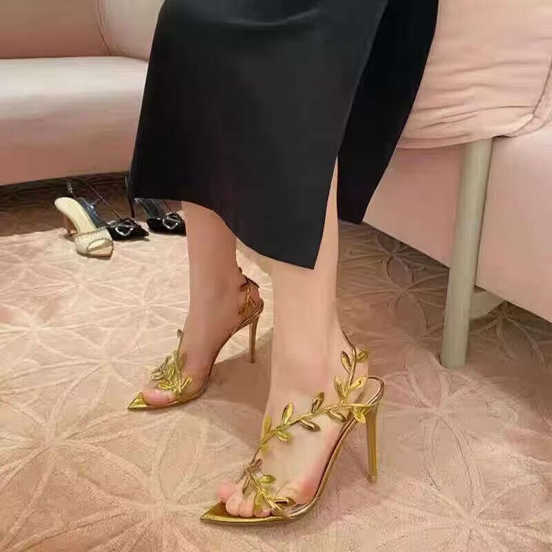 Quality ~ Design Sense Golden Branch Jade Leaf Gold Sandals 2025 Summer Ins Thin Heel Pointed Open Toe High Heels for Women