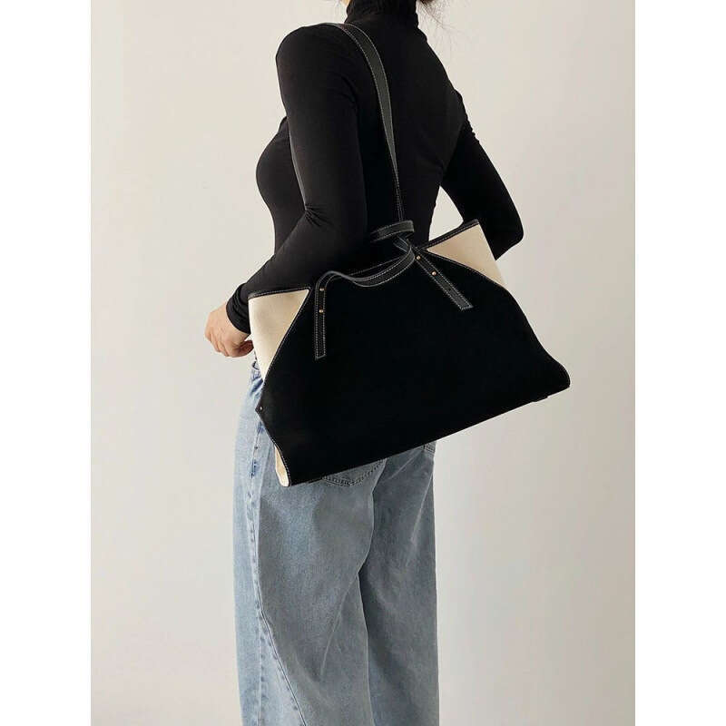 Black Canvas Tote for Women 2025 New Large Capacity High-end Color-blocking Handbag Shoulder Commuter Bag