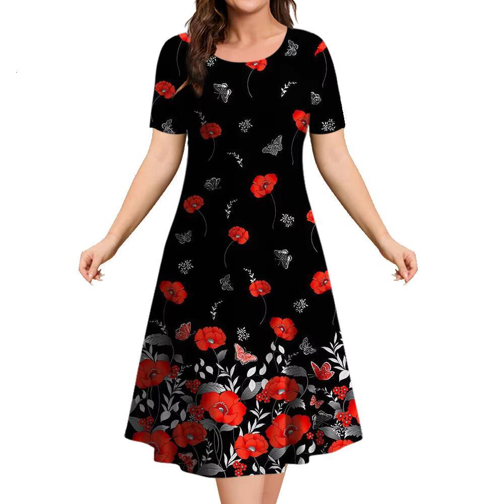2024 New Floral Graphic Print Womens Elegant Midi Summer Dresses Plus Size Female Fashion Free Shipping dongdumaoyi