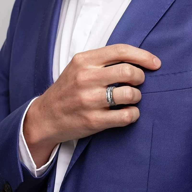 Fashion 8mm Brick Pattern Stainless Steel Rings For Men Black Brushed Double Groove Men Engagement Rings Wedding Band Jewelry S250716