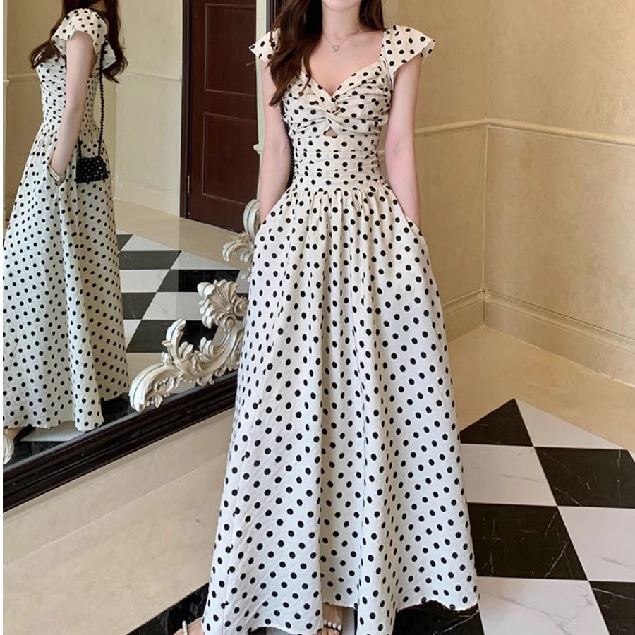 2025 Plus Size Fat mm2025 Summer Women's New Style High-end Polka Dot Dress Pleated Waist Slimming Elegant Long