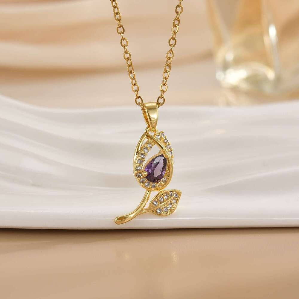 Necklace For Women Copper Gold Plated Colorful Zircon Tulip Niche Design Ins Versatile High-End Titanium Steel Accessories 29B