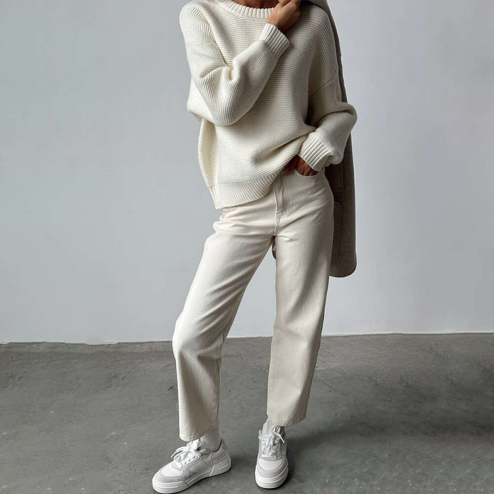 Knitted Autumn Winter New Style Elegant Simple Lazy Pullover Pure White Round Neck Sweater B5