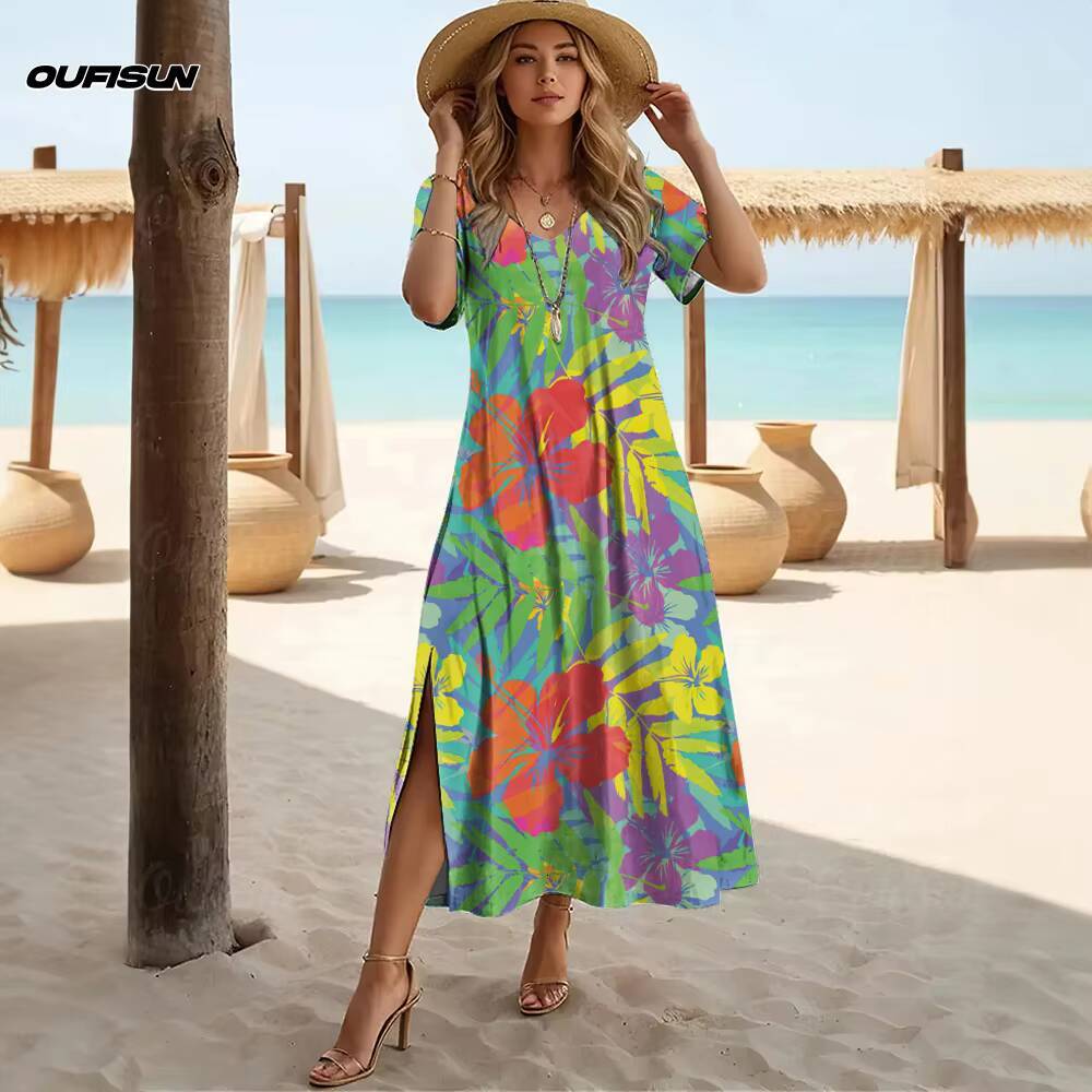 Summer Womens V-neck A-line Hawaiian Dresses Short Sleeve Long T-Shirt Floral Pattern Tropical Print 2025 New Clothing dongdumaoyi