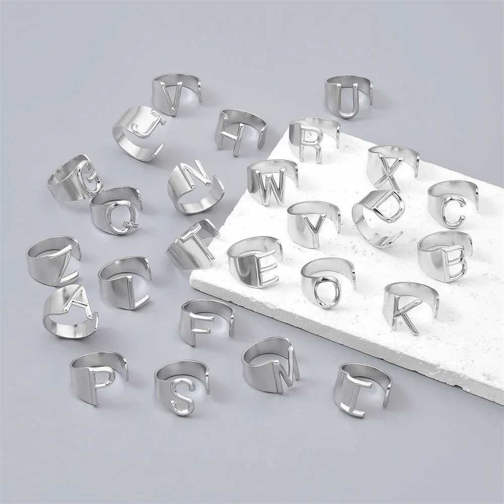 A-Z Letter Initial Name Ring Silver Color Stainless Steel Adjustable Opening 26 Alphabet Rings for Men Women Party Jewelry Gift S250716