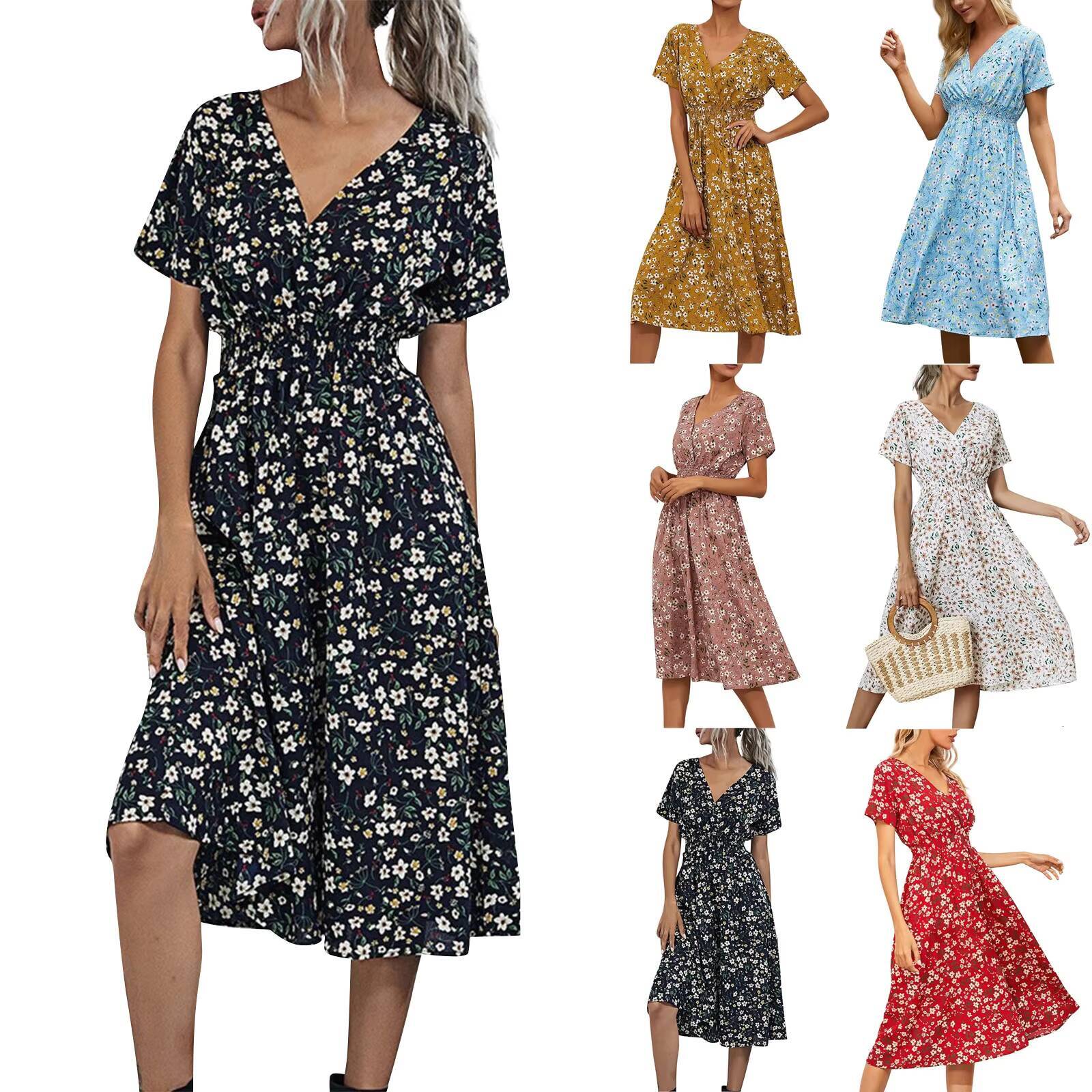 High Quality Luxury Design 2024 Elegant Cinching V-neck Printed Elastic Waist Maxi Sexy Dress Women Clothing Vestido dongdumaoyi