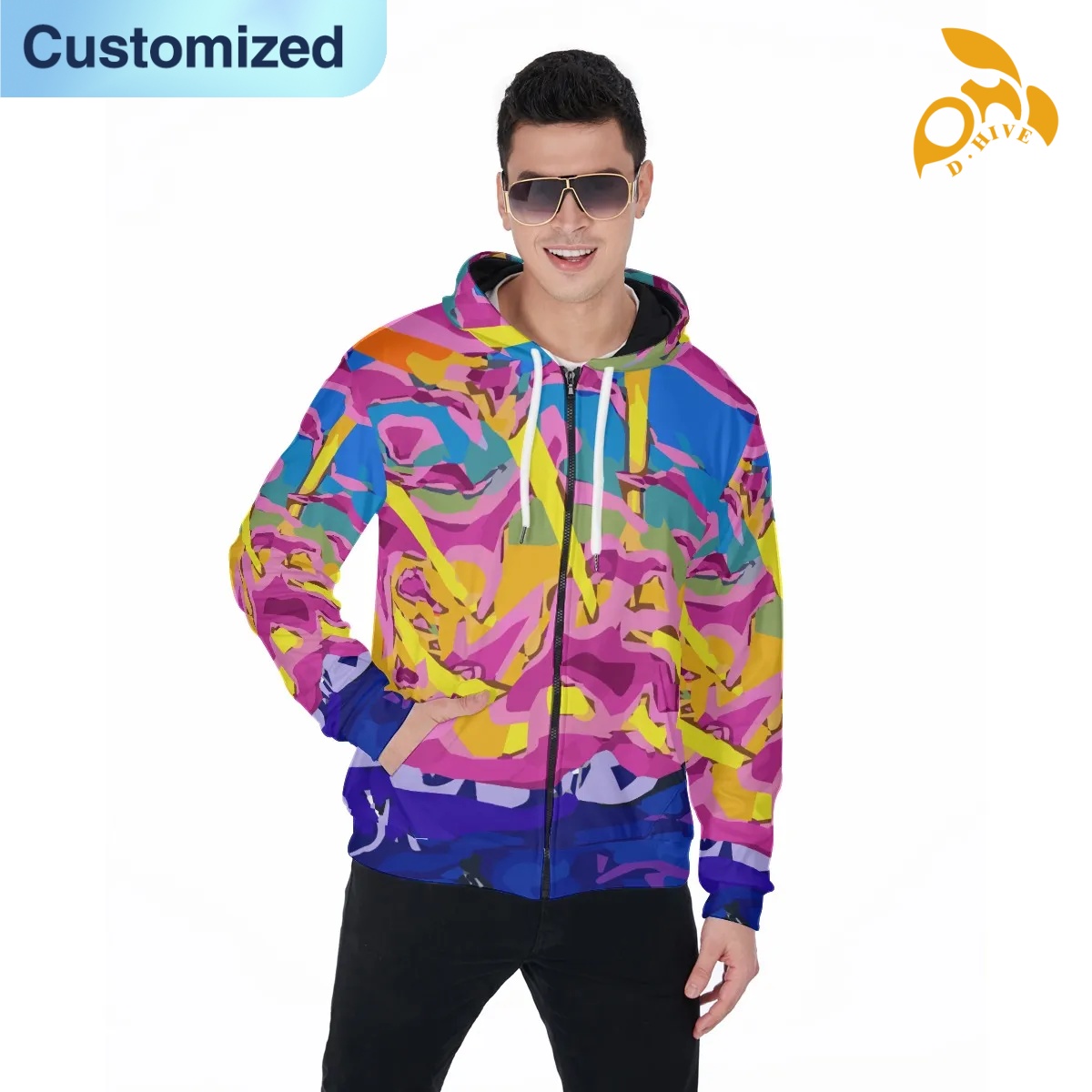 free shipping designer of customized Wear-resistant Full-body printed zipper hoodie with pockets with exquisite patterns from US