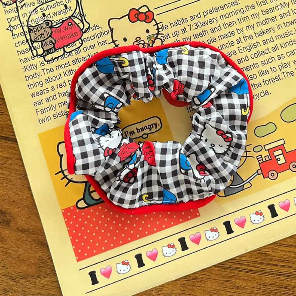 Sanrio Hello Kitty Checked Scrunchies Sweet Kitty Cat Color Contrast Scrunchies High Ponytail Rubber Band Hair Accessories Giftsw250716