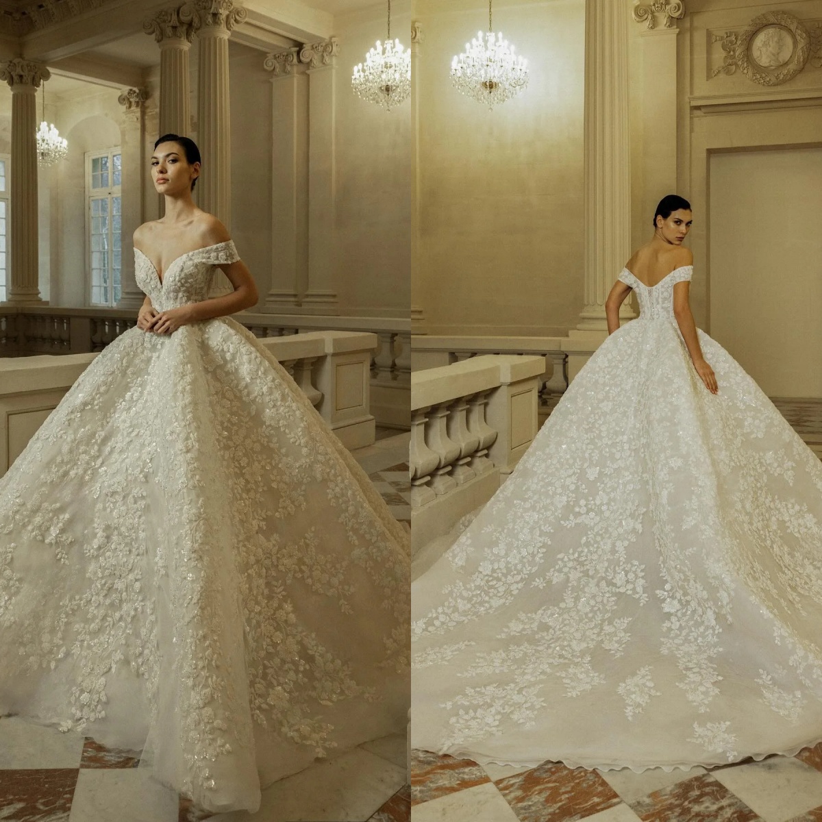 Modern Off The Shoulder Ball Gown Wedding Floral Lace Bridal Gowns Arabic Sequined Floor Length vestido de novia