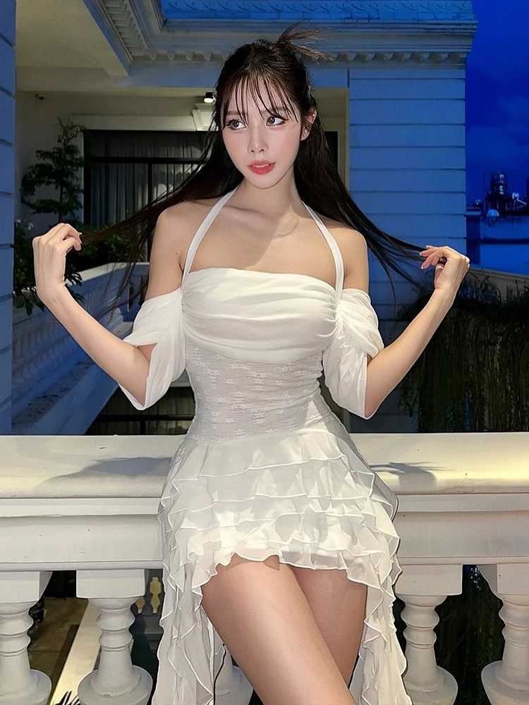 100% Cotton Sweet Tassel Dress Women One Shoulder Multi-Layered Ruffles Skinny Lace-Up Backless Summer Trend Skinny Mini Bodycon R250716
