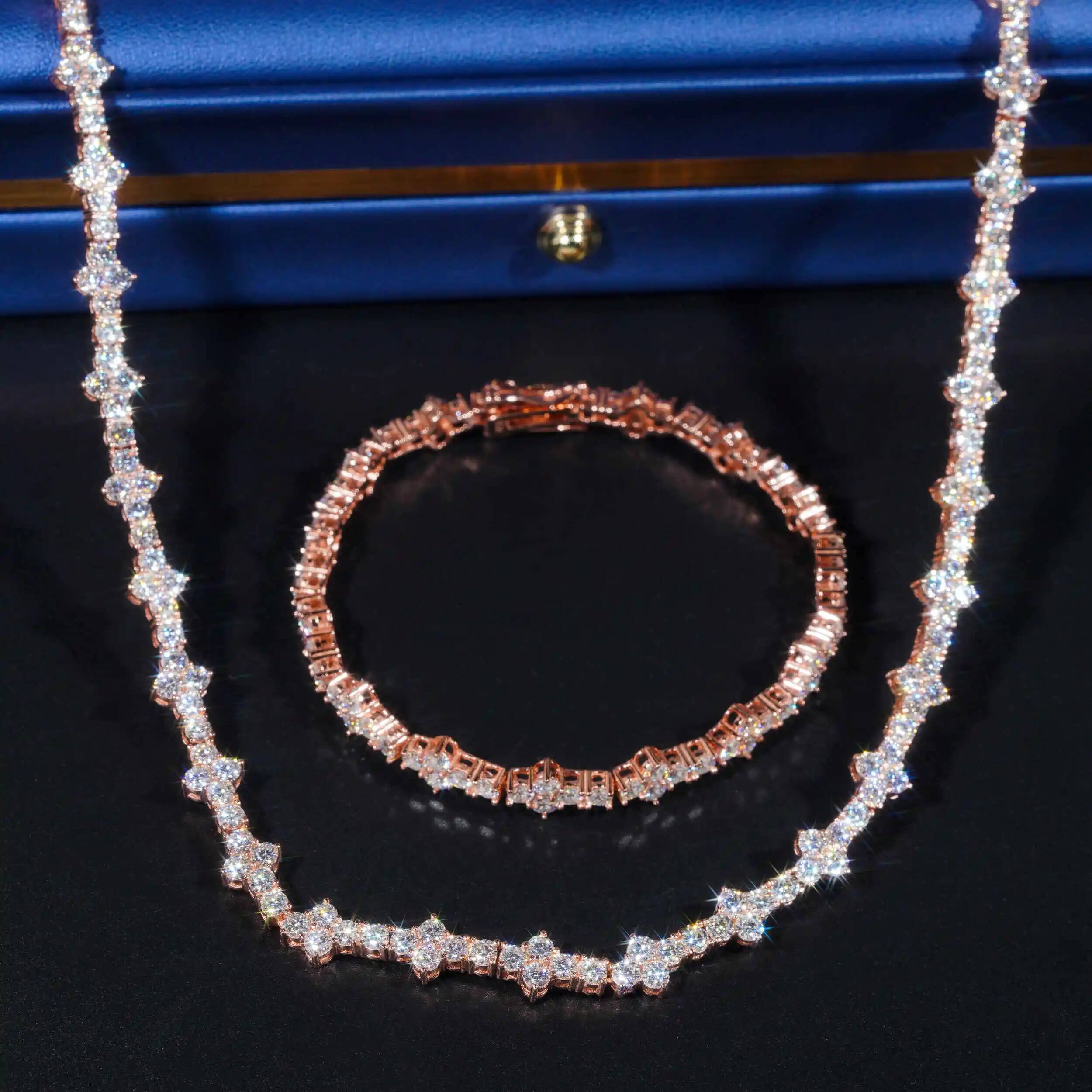 3/4mm Moissanite Jewelry Plum Blossom Tennis Chain Bracelet Hip Hop Single Row Stone Necklace 925 Silver with GRA Certificate