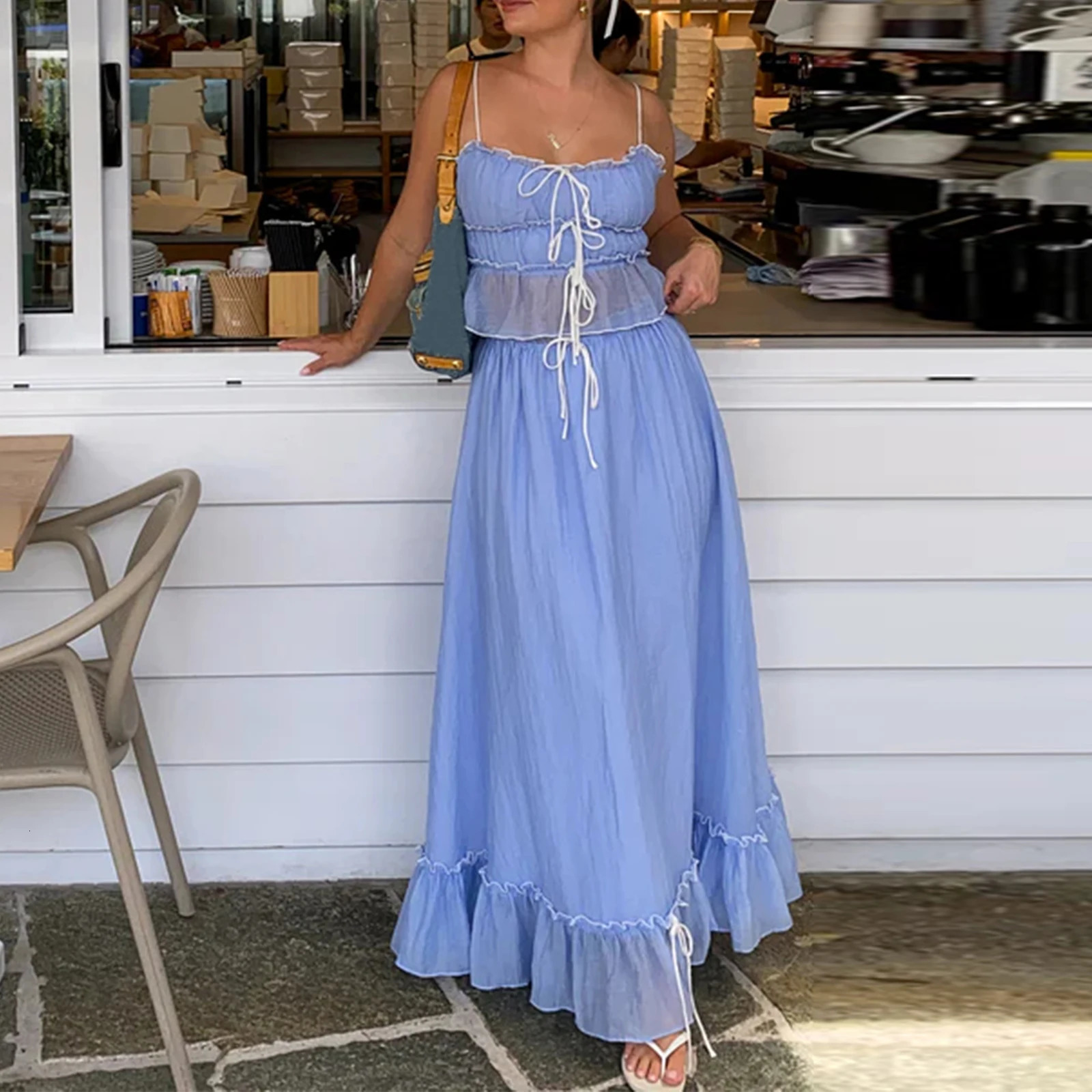 Women Y2k 2 Piece Outfits Patchwork Front Tie-Up Camisoles and Ruched Ruffle Maxi Skirt Matching Set Beachwear 250715