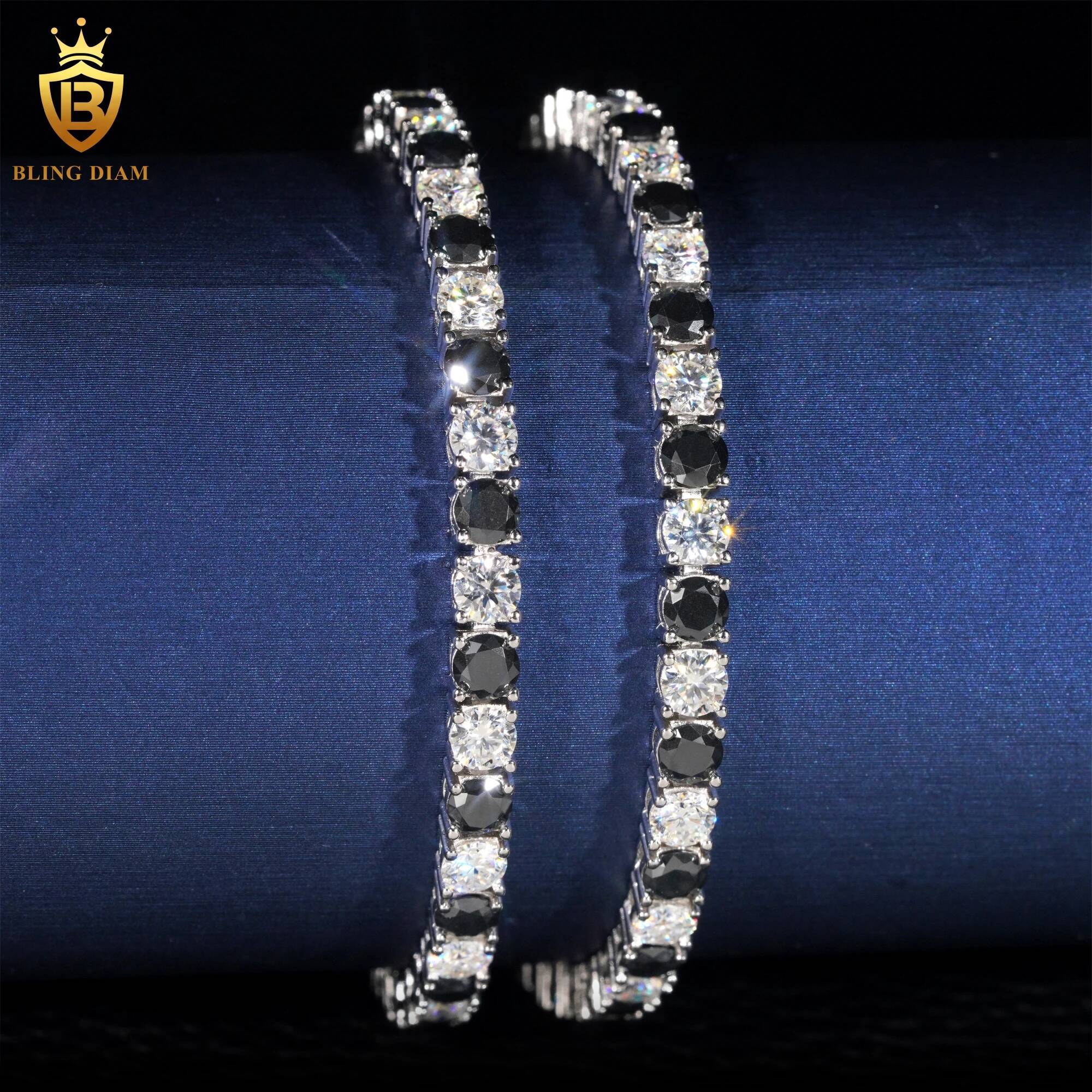 4mm S925 Silver Black and White Moissanite Bracelet with GRA Certificate Hip Hop Single Row Tennis Chain Accessories Jewelry