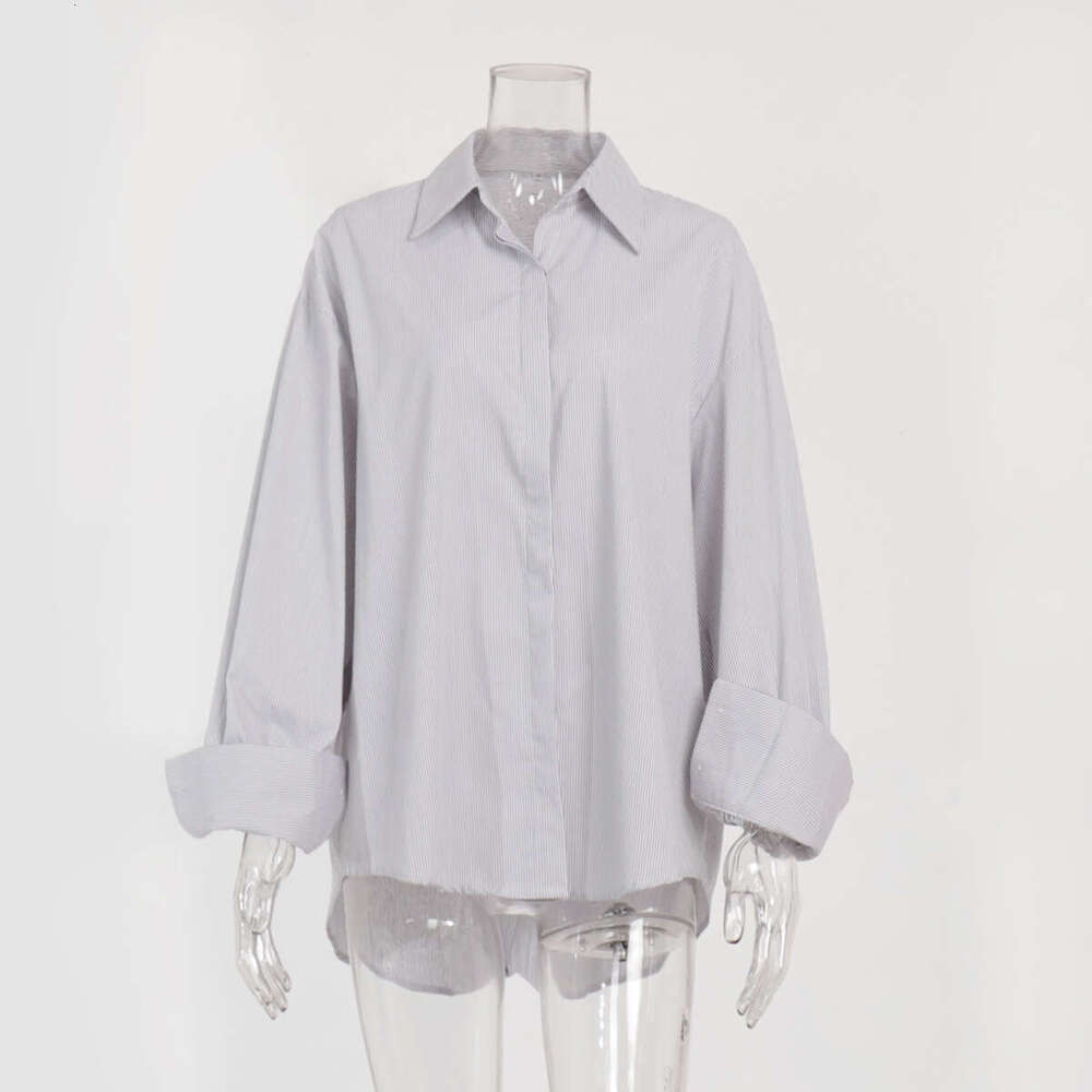 Shirt Summer New Simple High-End Hidden Button Long Sleeve Striped Cardigan B5