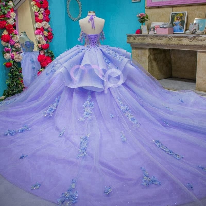 Lavender Quinceanera Dresses Ball Gown Off Shoulder Appliques Flower Beads Tull Sweet 16 Dress Vestidos De 15 Anos