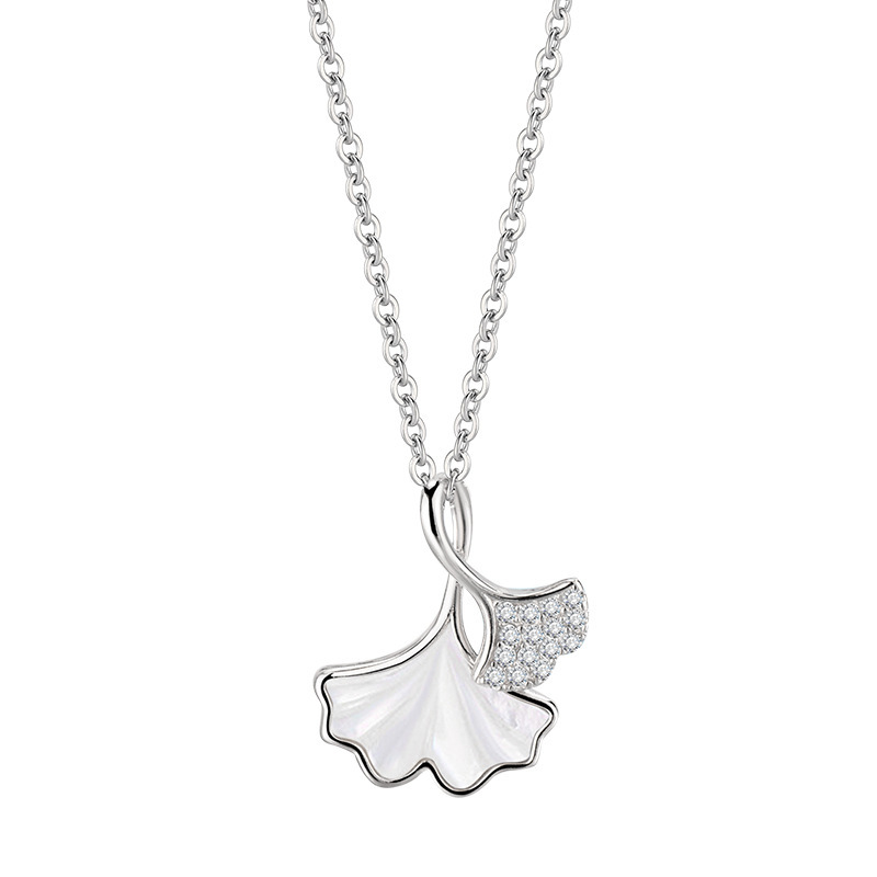 Elegant Ginkgo Leaf Necklace With White Mother - of - Pearl And Rhinestone - Encrusted Accents In Silver Tone Ideal For Daily And Special Occasions fa