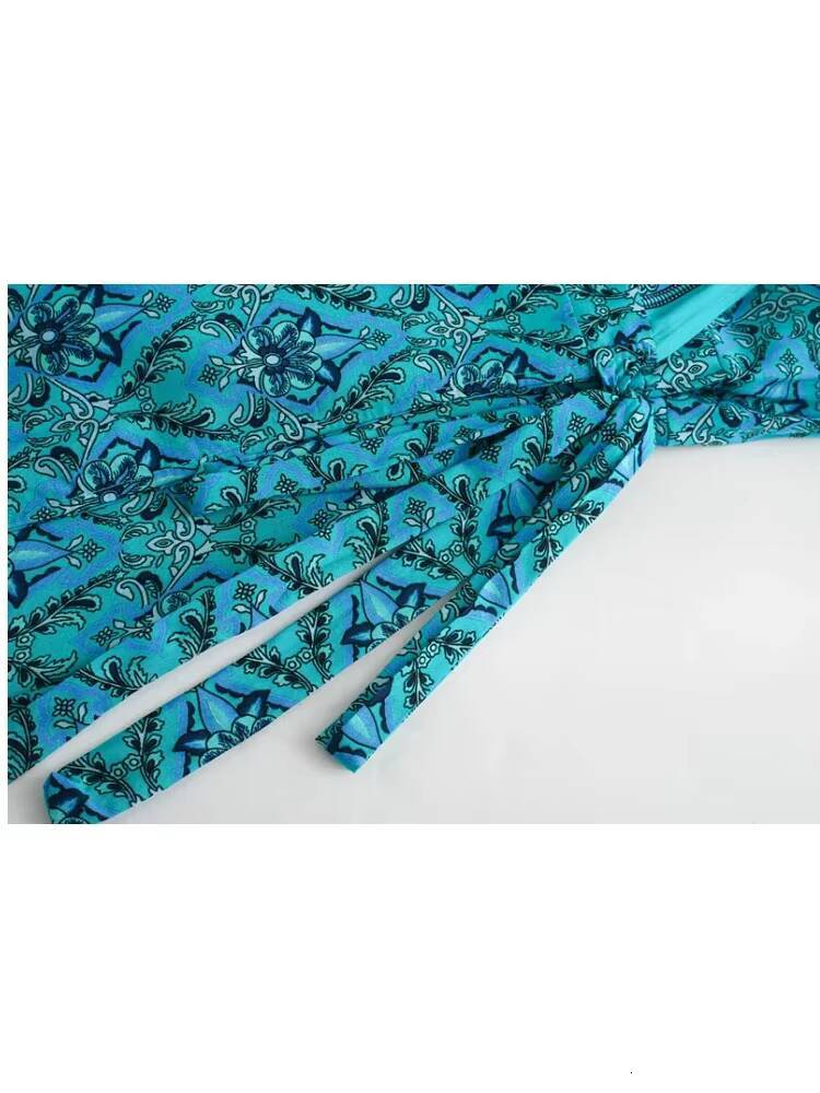 Summer Vintage Floral Print Wrap Long Boho Dresses Women 2025 Fashion V Neck Bow Tie Sashes Rayon Beach Maxi Dress Vestidos dongdumaoyi