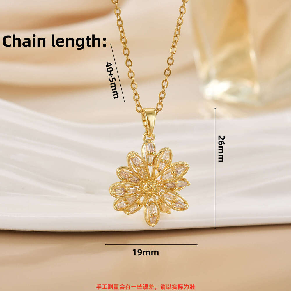 Micro Pave Zircon Flower Design Pendant Necklace For Women, Copper Plated Real Gold, Fashionable And Versatile With A High-End Feel B5f