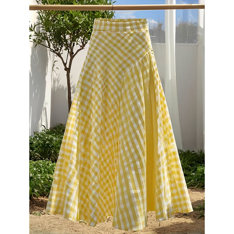 2025 Dopamine Yellow Waist-Cinching Plaid Design Long Skirt for Women New Fashion Trendy Summer Style