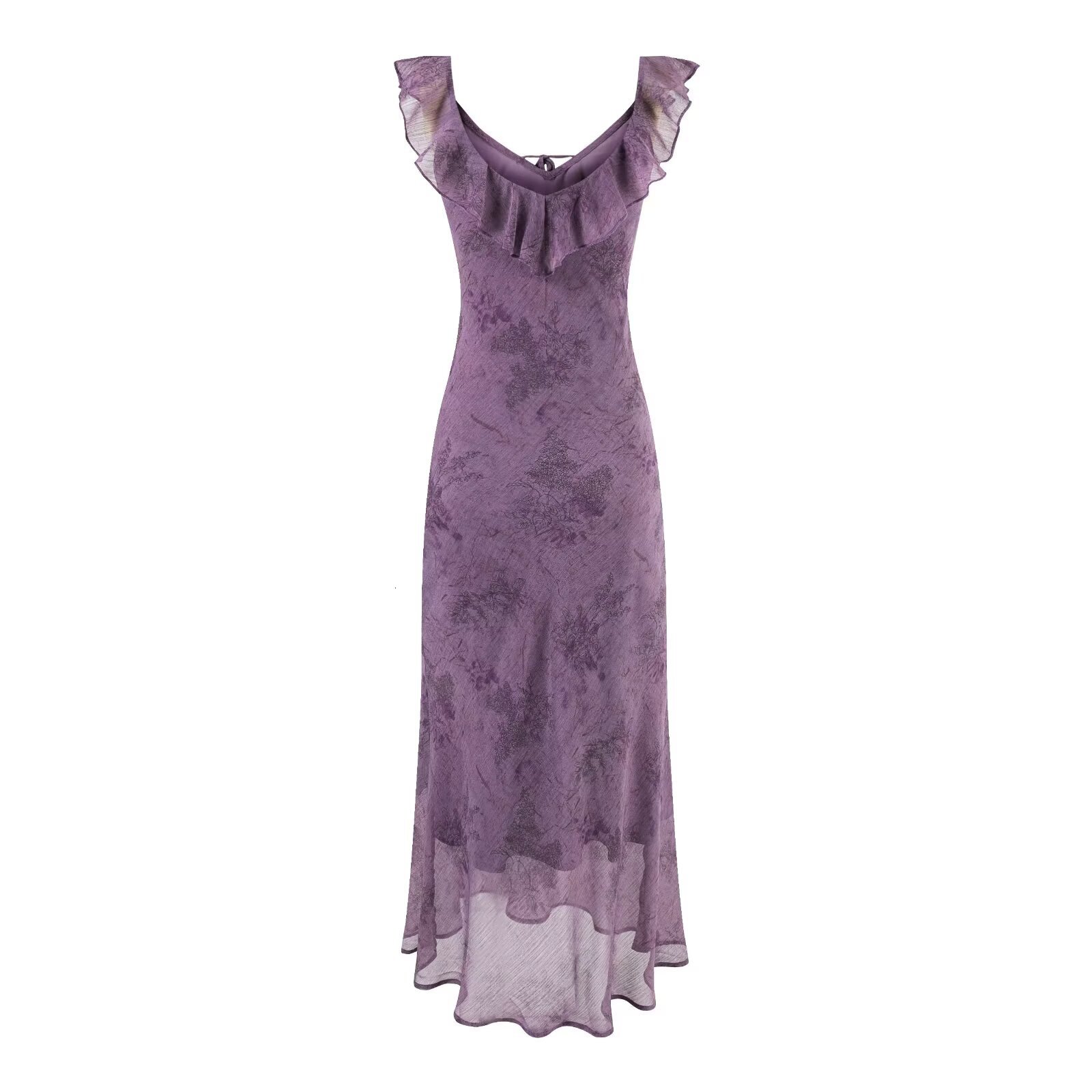 2025 Summer New European and American Style Ruffled V-Neck Strap Waist-Cinching Slimming Beach Vacation Dress