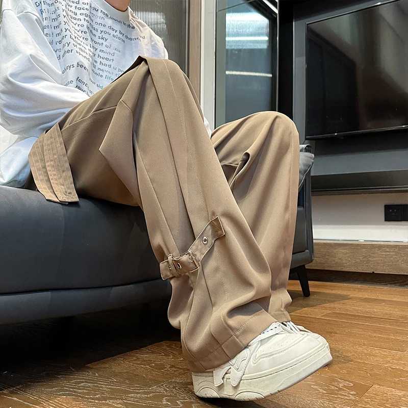 Harajuku Streetwear Men Casual Straight Pants Male Fashion Pleated Long Trousers Ribbons Welt Men Pants Coffee/Black/Rice White y250716