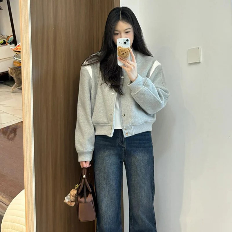 Rimocy Autumn Gray Baseball Uniform Coat Women Streetwear Round Neck Cropped Bomber Jacket Woman Long Sleeve Casual Jackets 250716