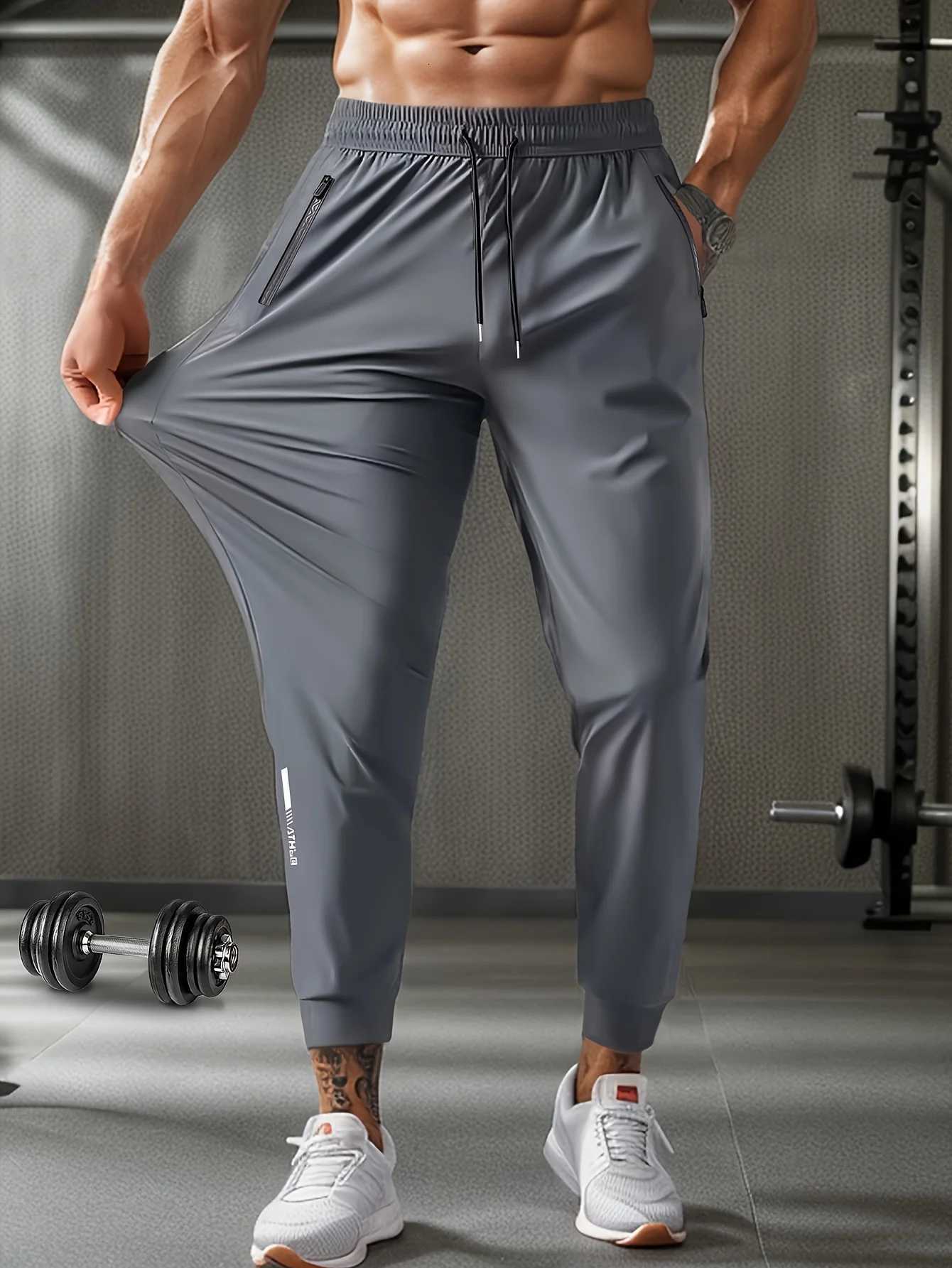 Mens Waist Drawstring Quick-drying High Elasticity Solid Color Sports Training Outdoor Long Pants With Zipper Pockets y250716