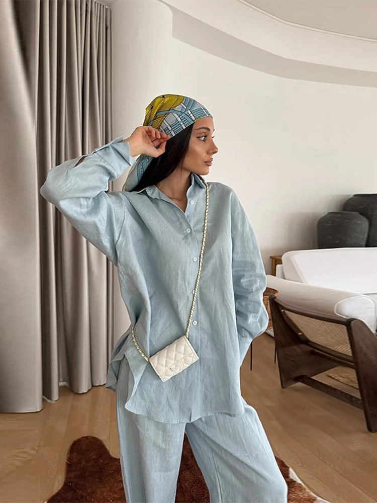 Casual Womens Trouser Suits Long Sleeve Turn-Down Collar Button Solid Lady Sets 2025 Summer Fashion 2 Pieces Set Women 250715