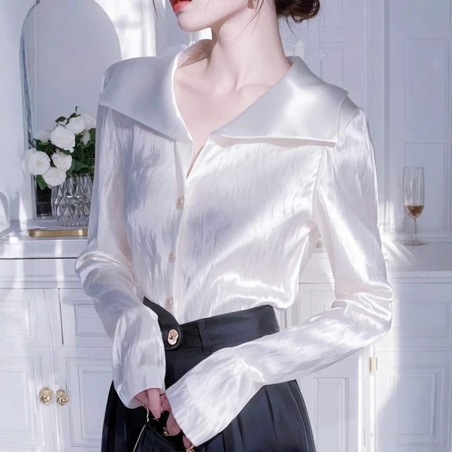 Western style white long sleeved satin shirt for women, 2025 early spring new style unique and chic French professional shirt