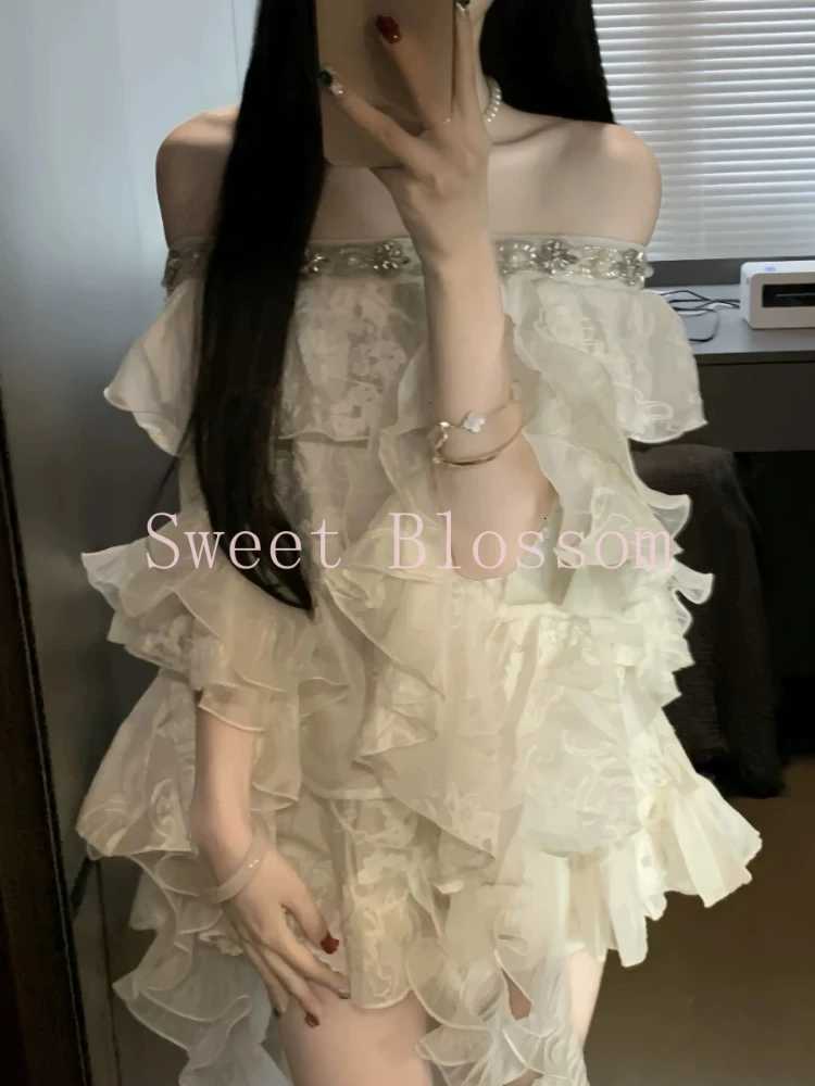Summer French Elegant Sweet 2 Piece Set Women One Off Shoulder Tops + Fluffy Skirt New Irregular Slim Fashion Fairy Party Suit R250716