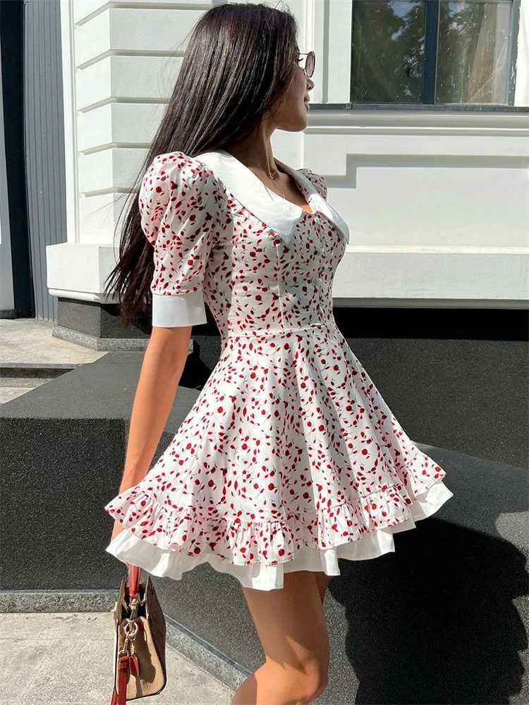 Tossy V-Neck Printed Summer Dress Female Ruffled Short Sleeve High Waist Elegant Contrast Evening Dress Womens Commute Dress R250716