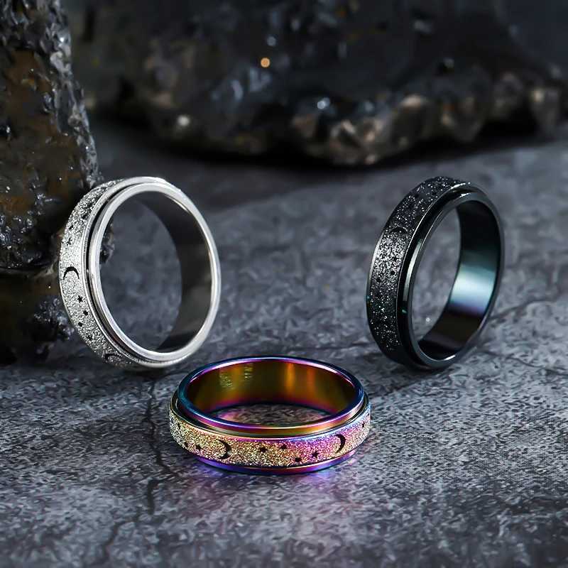 6MM Retro Rainbow Stainless Steel Moon And Star Metal Spinner Fidget For Women Anxiety Relife Spinning Ring Jewelry Bague Homme S250716