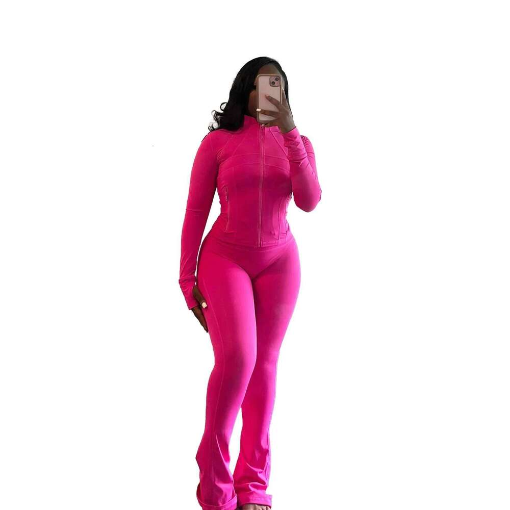 Designer Leisure High Quality Pant Sets Two Piece Set Women Sexy Slim Fit Zipper Top Stand Collar Solid Sporty Casual Splice Flare Pants Elastic Waist