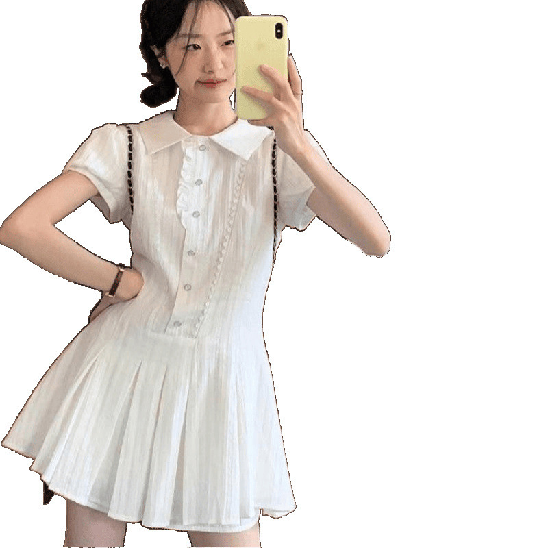 2025 Elegant Waist-Cinching French Dress Short Sleeve Shirt Summer New White Petite Pleated Skirt