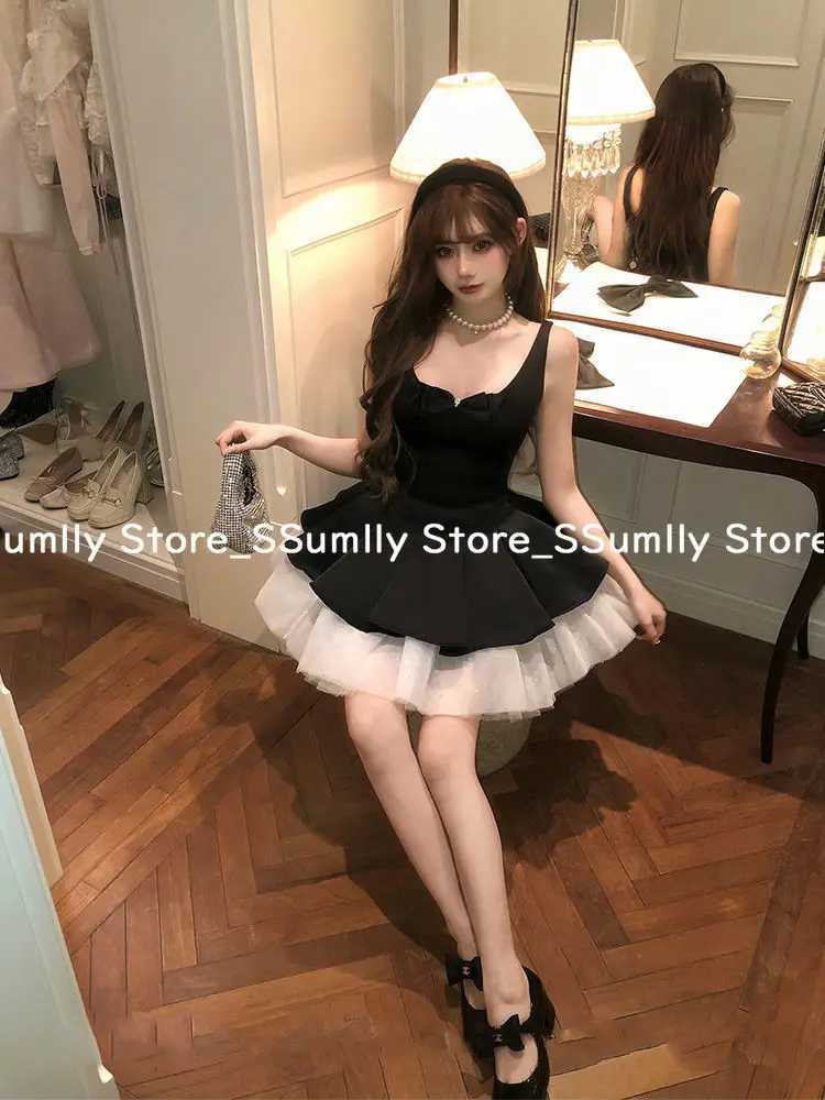 French Elegant Princess Style Slim Dress Women Mesh Black White Contrasting Puffy Dresses Summer Hepburn Chic Party Clothes 2025 R250716