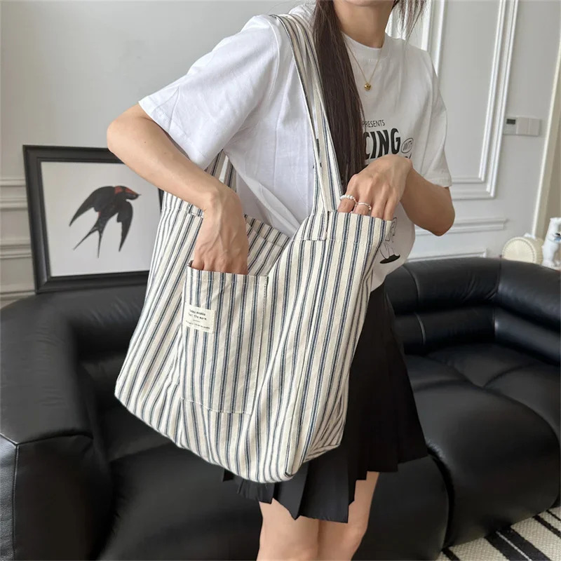 Shoulder Bag Large Capacity Canvas Bag for Women Causal Striped Shopping Lightweight Commuting Shoulder Bags 250714