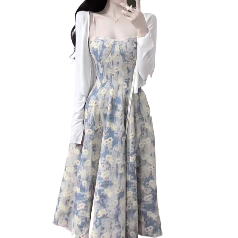 2025 2024 Summer New French Style Blue Oil Painting Design Fairy Floral Strap Dress for Women Gentle Waist-Cinching Long