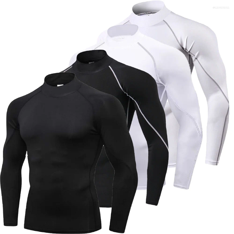 Men's T Shirts Workout Compression Shirt Quick Dry Running T-shirt Turtleneck Long Sleeve Rash Guard Gym Base Layer Athletic Undershirt