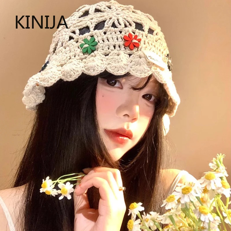 Korean Handmake Bucket Hat Flower Decoration Knitted Hollow Basin Hat Womens Summer Thin Breathable Sunshade Sun Cap Gorras 250715