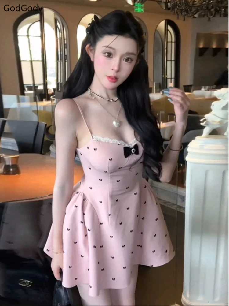 2025 Spring Summer Woman French Elegant Slim Dress Y2K Backless Spaghetti Strap A-Line High Waist Mini Dress Sexy Party Outfits R250716