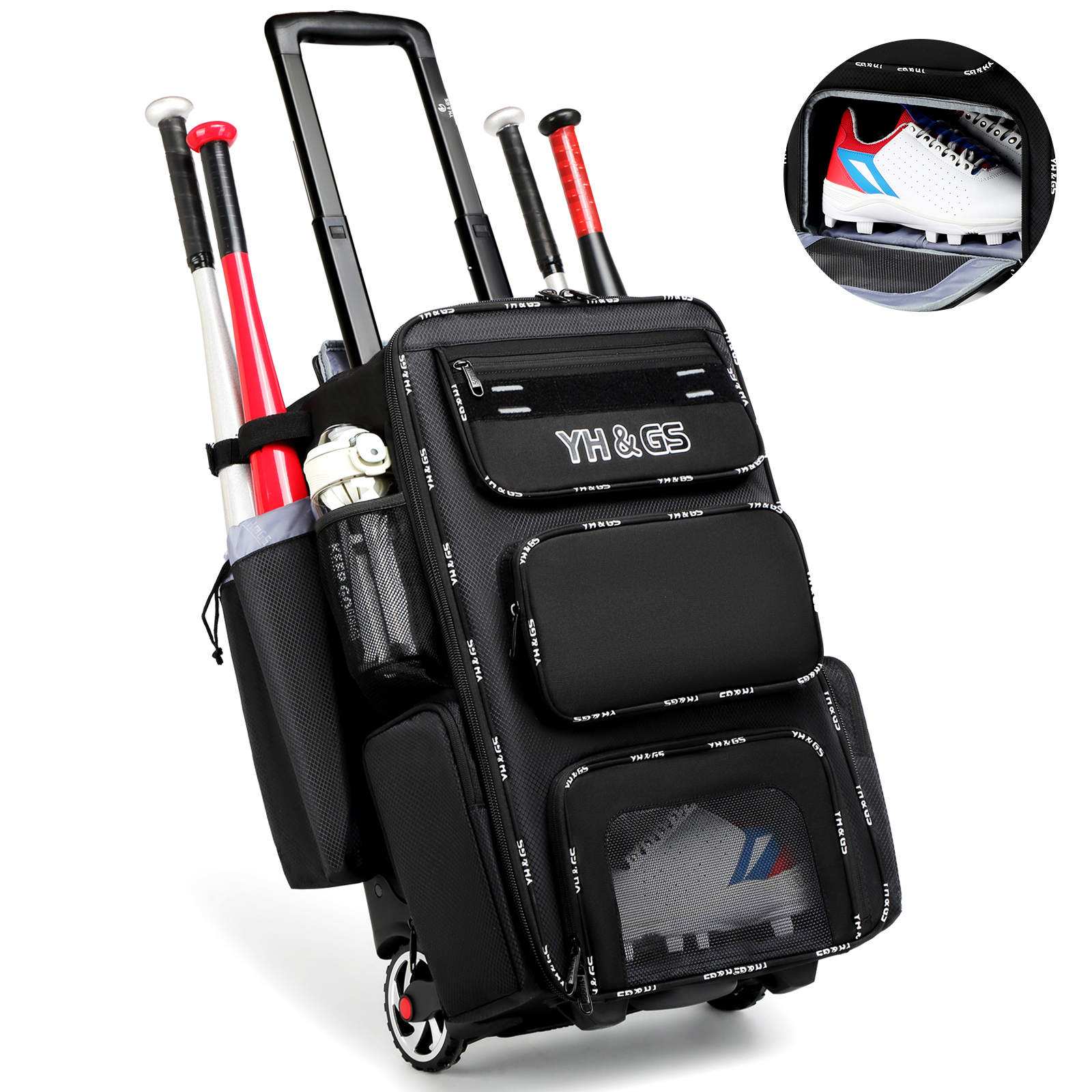 Rolling Baseball Bag,Wheeled Softball Bag with Fence Hook for TBall Bat & Equipment,Lightweight Baseball Bat Bag with Shoe Compartment