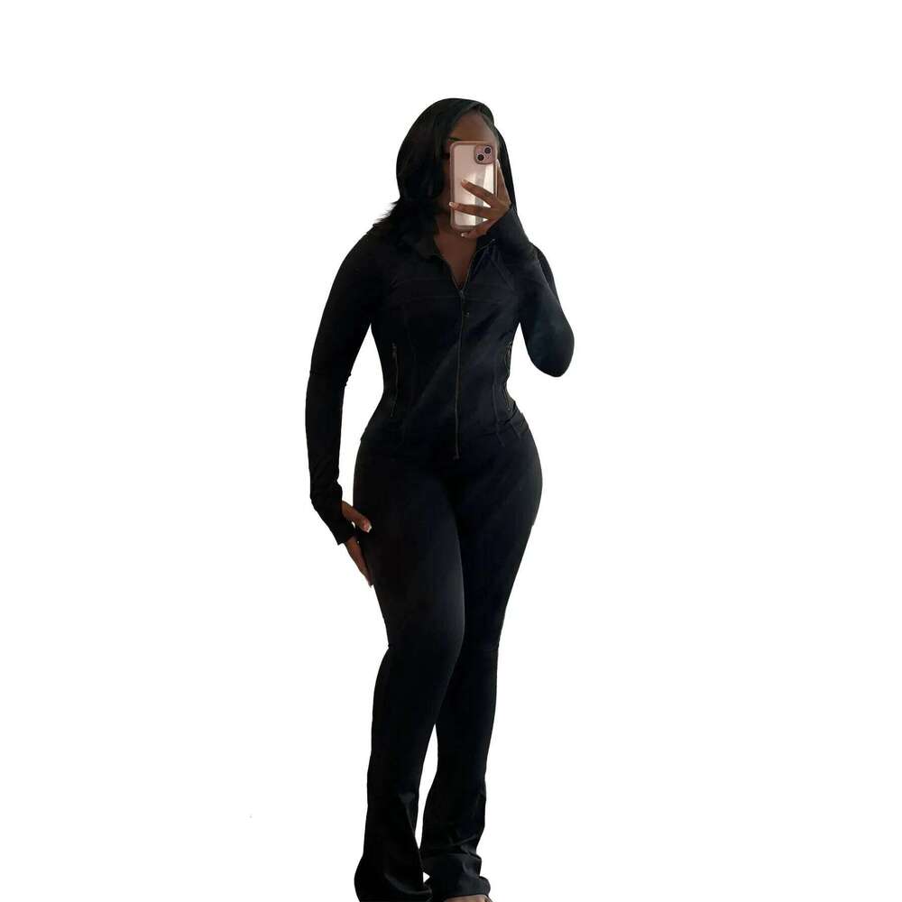 Designer Leisure High Quality Pant Sets Two Piece Set Women Sexy Slim Fit Zipper Top Stand Collar Solid Sporty Casual Splice Flare Pants Elastic Waist